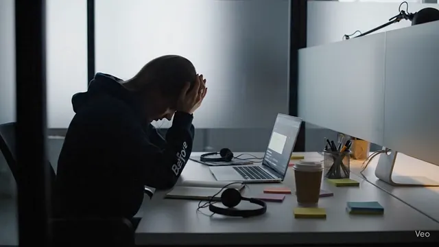 Recruiter stressed at desk, cool lighting