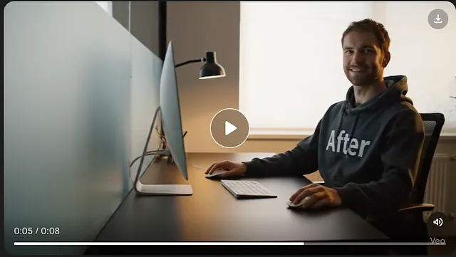 Recruiter at desk smiling in After scene hoodie