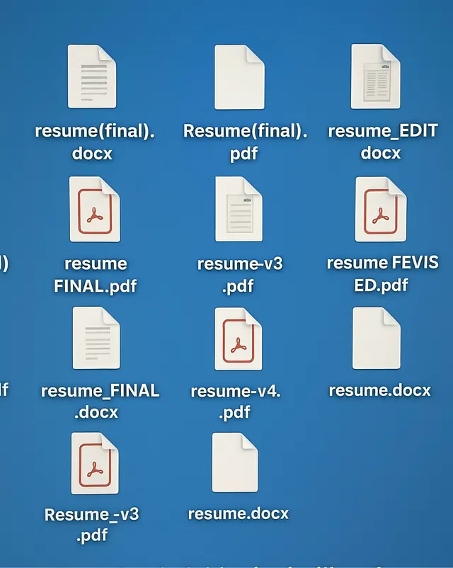 Messy desktop filled with resume files
