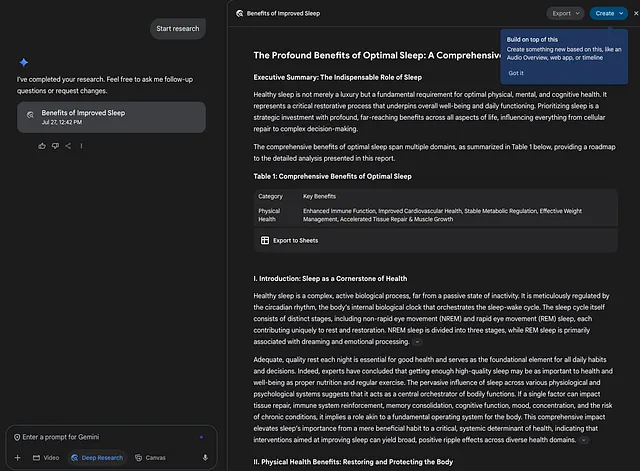 Gemini research results structured in blocks