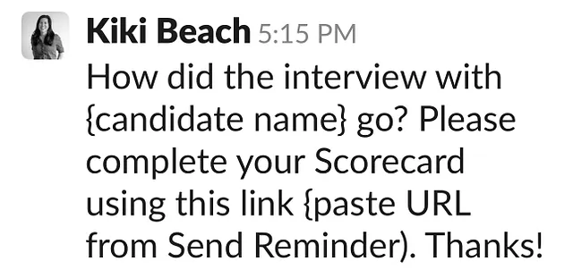 Slack message example requesting scorecard completion
