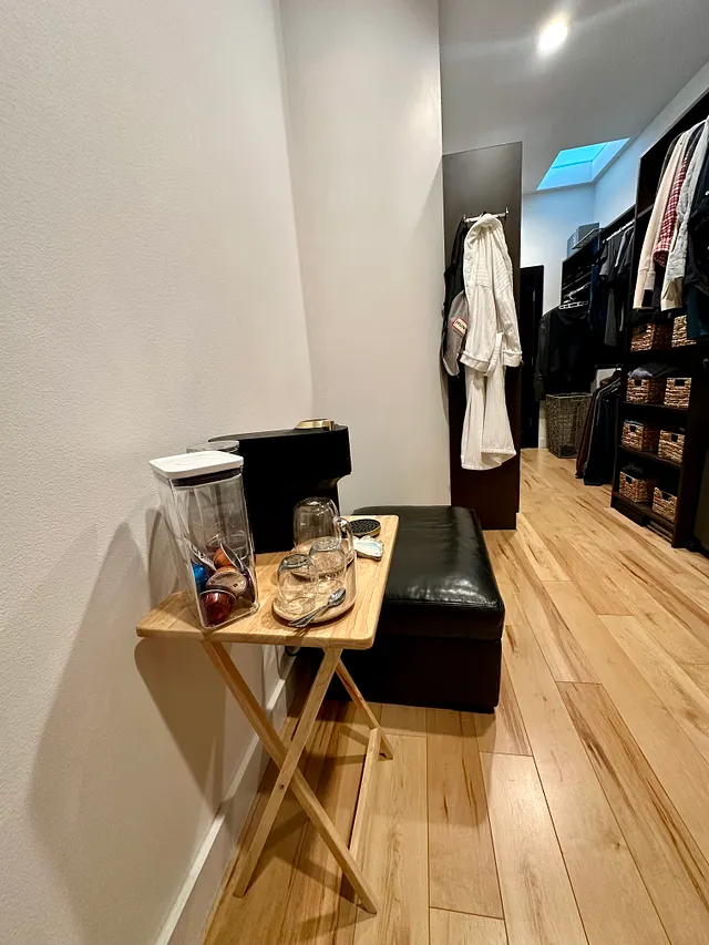 At-home closet coffee setup on a tray table